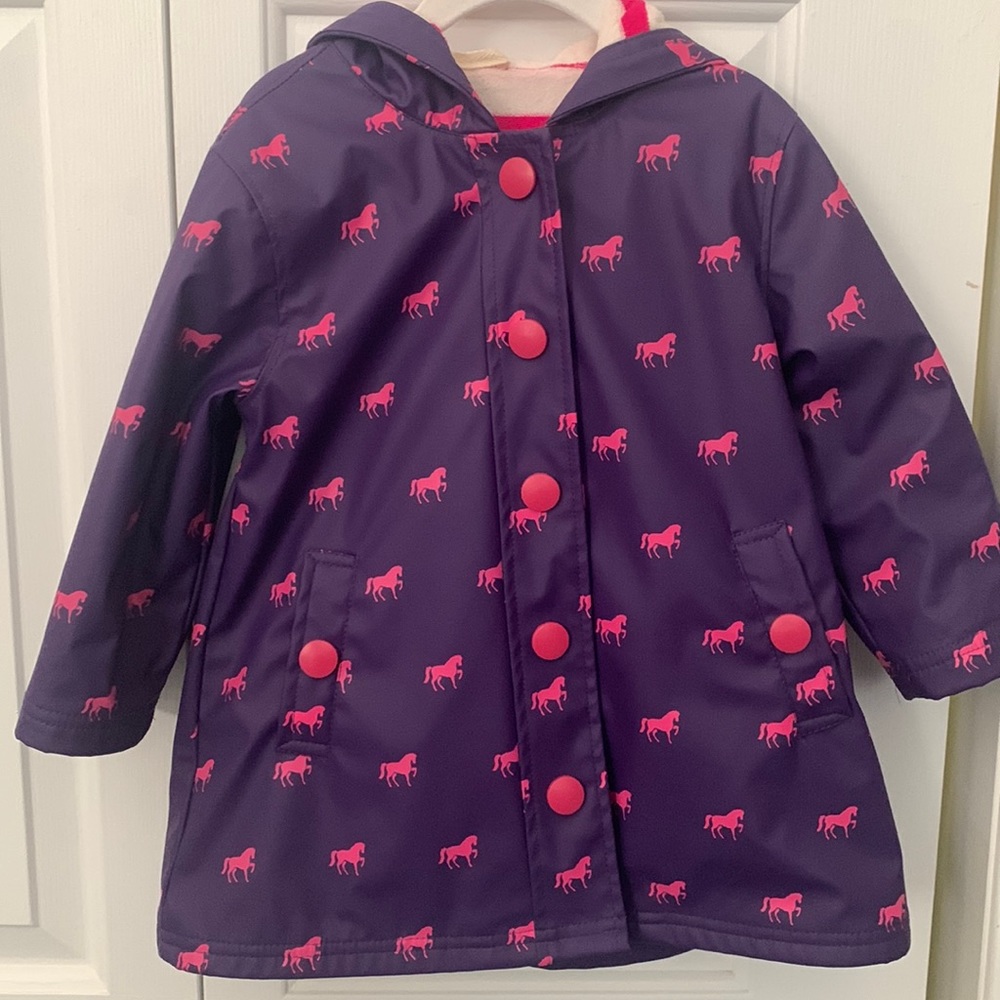 Hatley Purple lined raincoat with pink horses. Size 3T. Great condition!